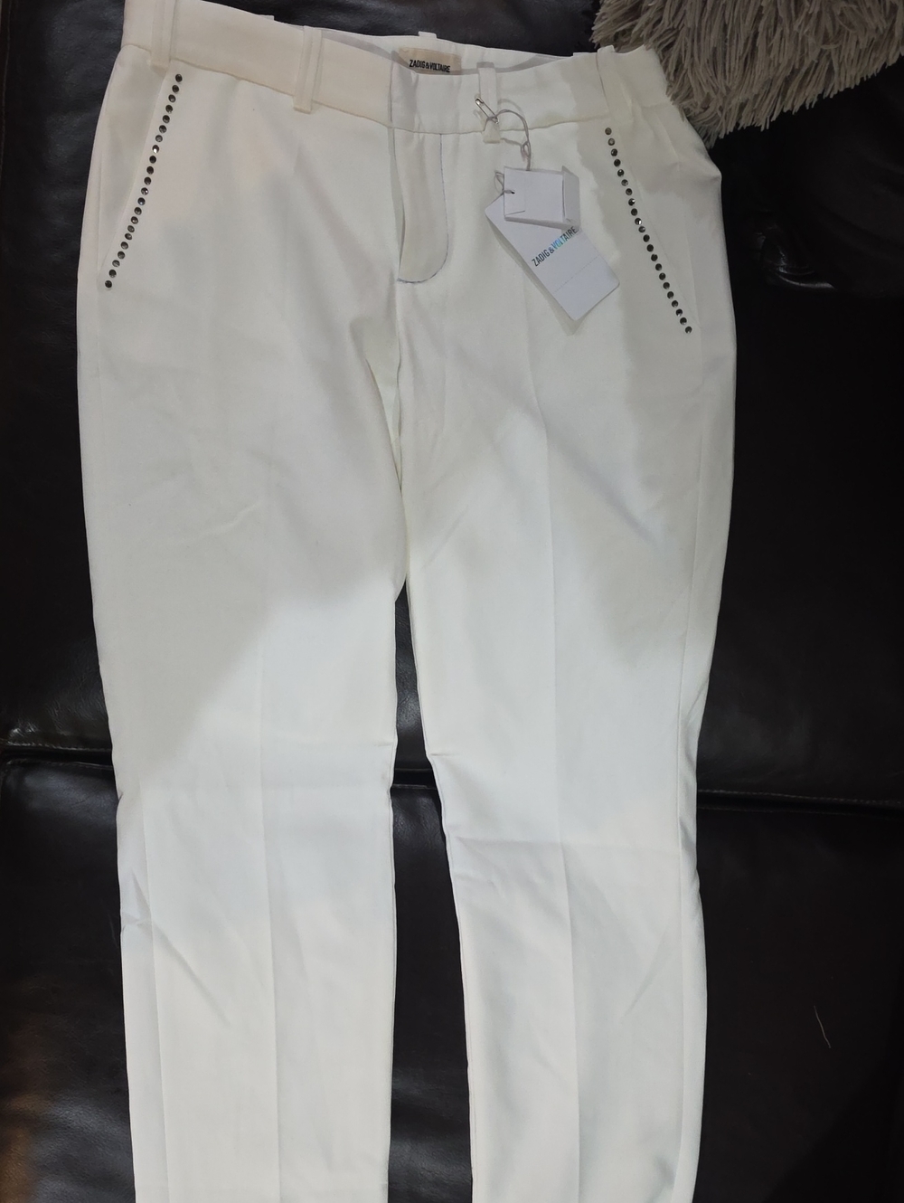 Zadid Voltaire Slim Fit White Women's Pants with Studded Pocket Trim